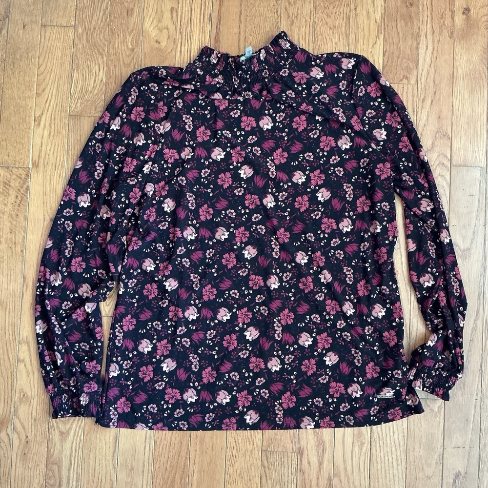 Anne Klein Blouse Womens M Purple‎ Floral Mock Neck Ruffle Cuff Dark Career